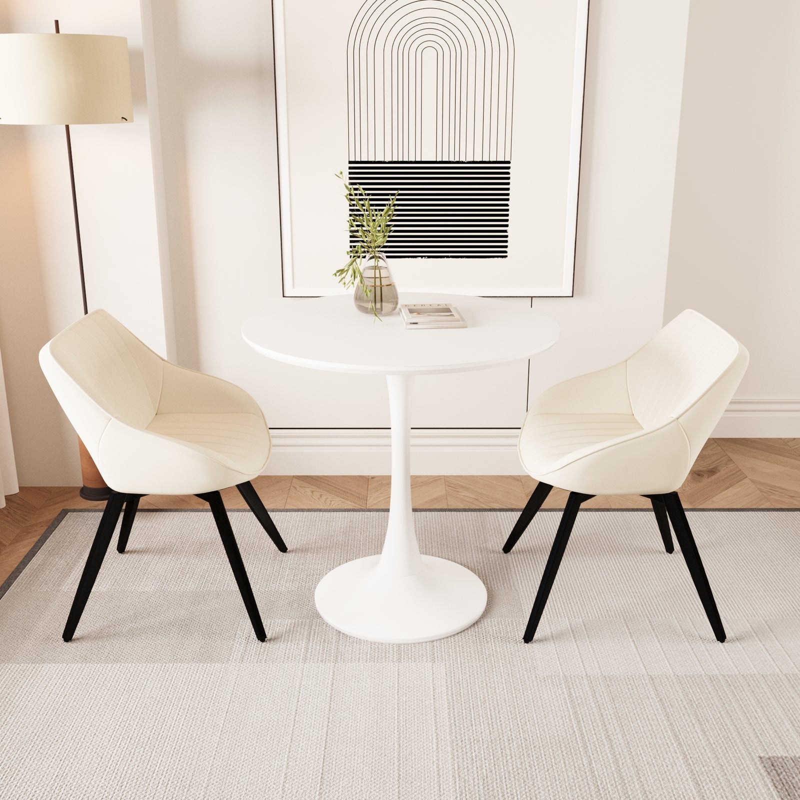 Mid-Century Modern 3-Piece Round Tulip Dining Table Set with White Table & Beige Vegan Leather