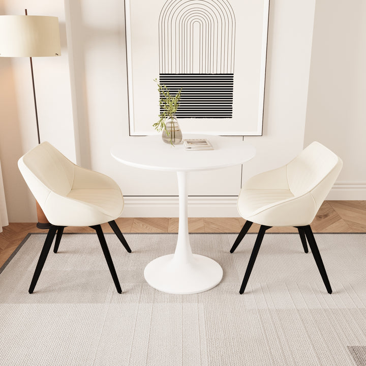 Mid-Century Modern 3-Piece Round Tulip Dining Table Set with White Table &amp; Beige Vegan Leather