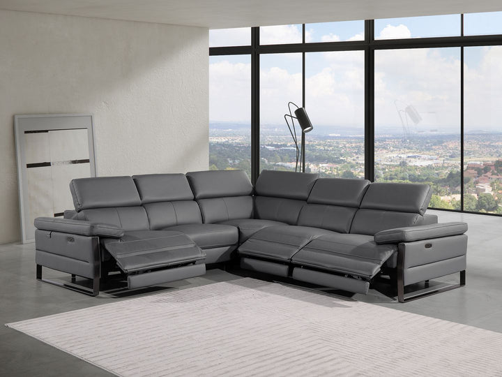 DivanItalia 1246 5-Piece L-Shaped Modular Power Reclining Sectional with Power Headrests – Top Grain Italian Leather - Dark Gray