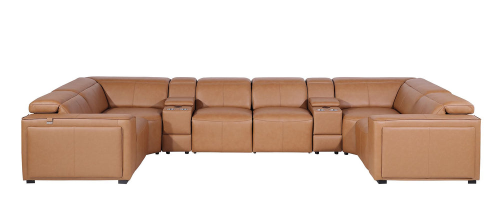 DivanItalia 1224 8-Piece U-Shaped Sectional Sofa in Top Grain Italian Leather with 4 Power Recliners & Power Headrests – with Console - Cognac