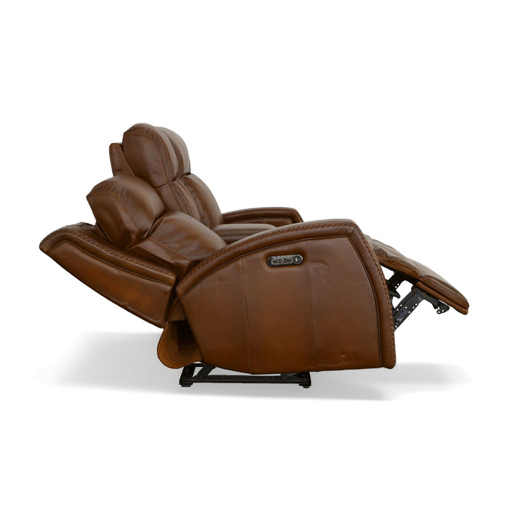 Mustang Leather Power Loveseat with Console with Power Headrest in Rust