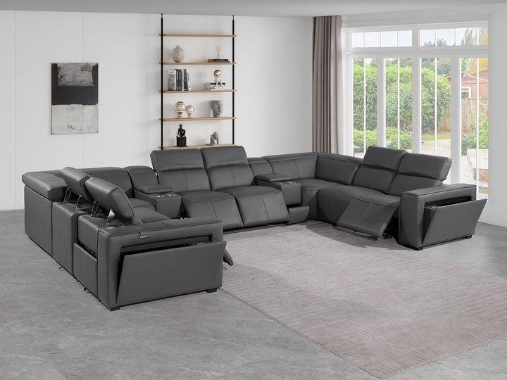 DivanItalia 1224 10-Piece U-Shaped Sectional Sofa in Top Grain Italian Leather with 4 Power Recliners &amp; Power Headrests - Dark Gray