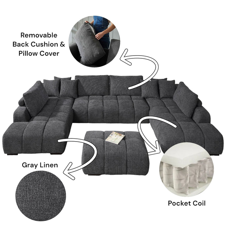 Chosen - Sectional Sofa With Toss Pillows With 2 Chaises With Ottoman - Gray