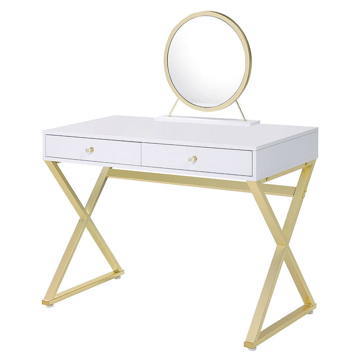 Coleen - Vanity Desk With Mirror & Jewelry Tray - White & Gold