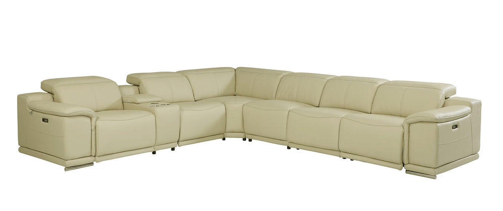 DivanItalia 9762 7-Piece L Shaped Top Grain Italian Leather Sectional Sofa with 3 Power Recliners - Beige