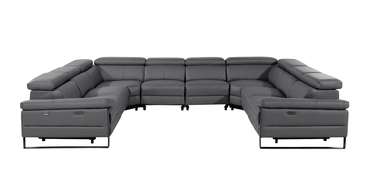 DivanItalia 1246 8-Piece U-Shaped Modular Power Reclining Sectional with 4 Power Recliners and Power Headrests – Top Grain Italian Leather – No Console - Dark Gray