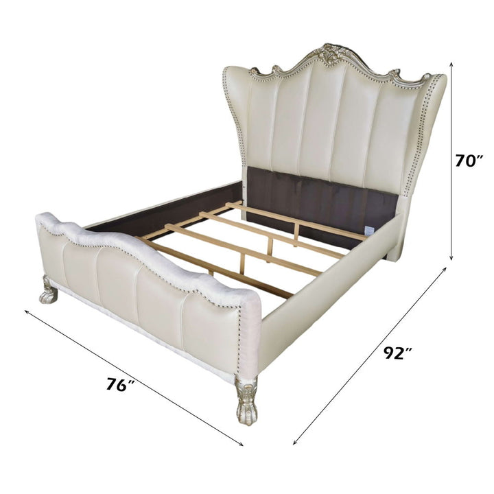 Dresden II - Queen Bed - Pearl White Synthetic Leather & Gold Patina