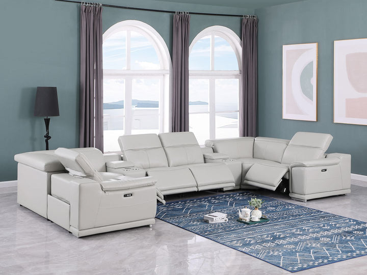 DivanItalia 9762 8-Piece U Shaped Top Grain Italian Leather Sectional Sofa with 4 Power Recliners – with Console - Light Gray