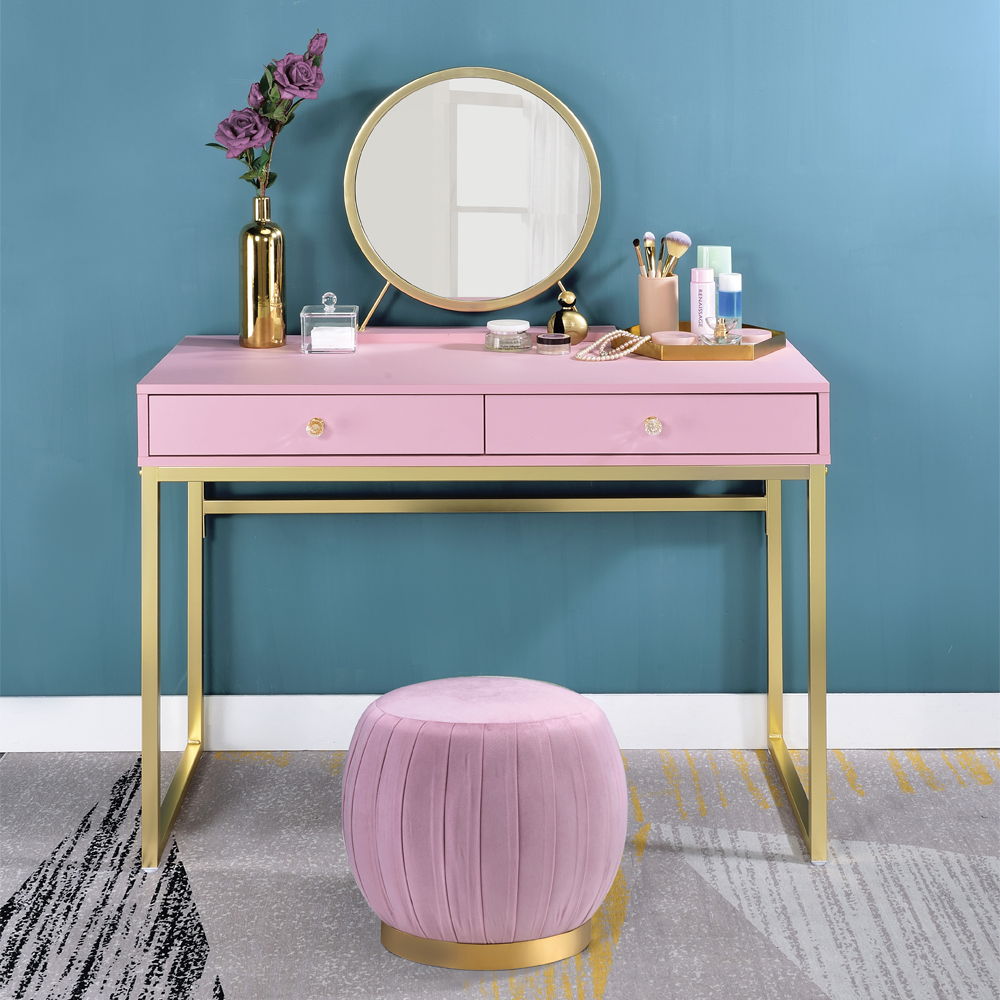Coleen - Vanity Desk With Mirror & Jewelry Tray - Pink & Gold