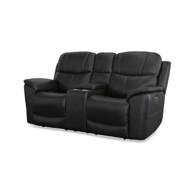 Crew Leather Power Reclining Loveseat with Console, Power Headrests &amp; Lumbar in Raven