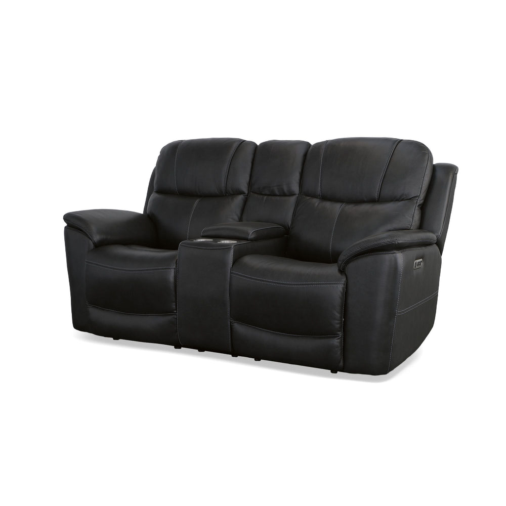 Crew Leather Power Reclining Loveseat with Console, Power Headrests & Lumbar in Raven