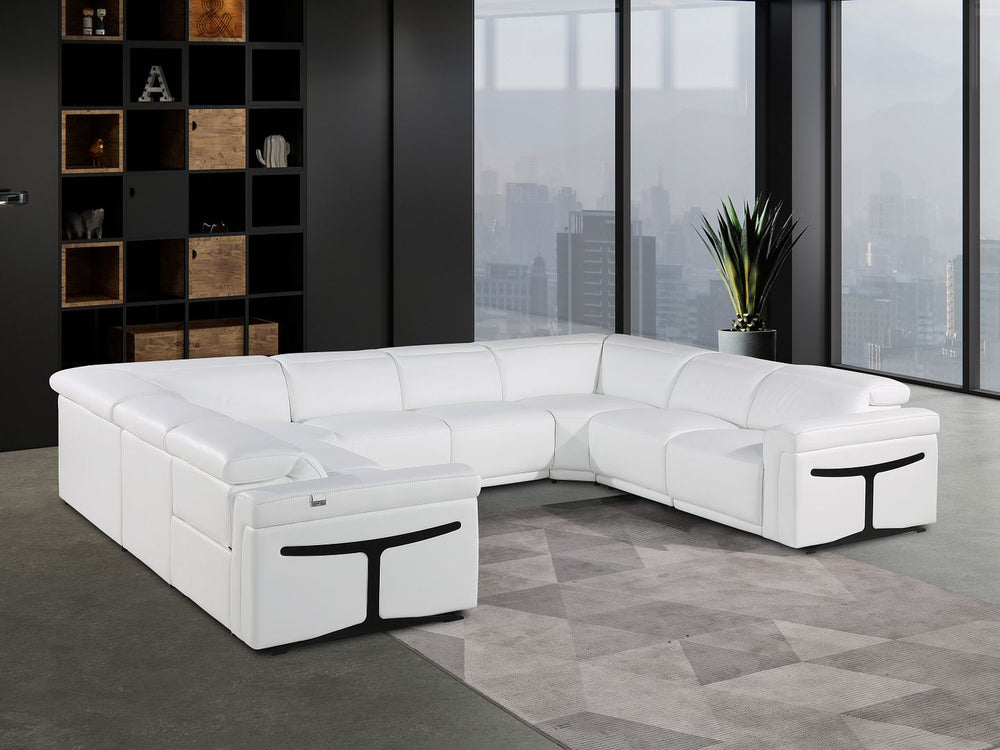 DivanItalia 1126 8-Piece U-Shaped Sectional Sofa in Top Grain Italian Leather with 4 Power Recliners & Power Headrests – No Console - White