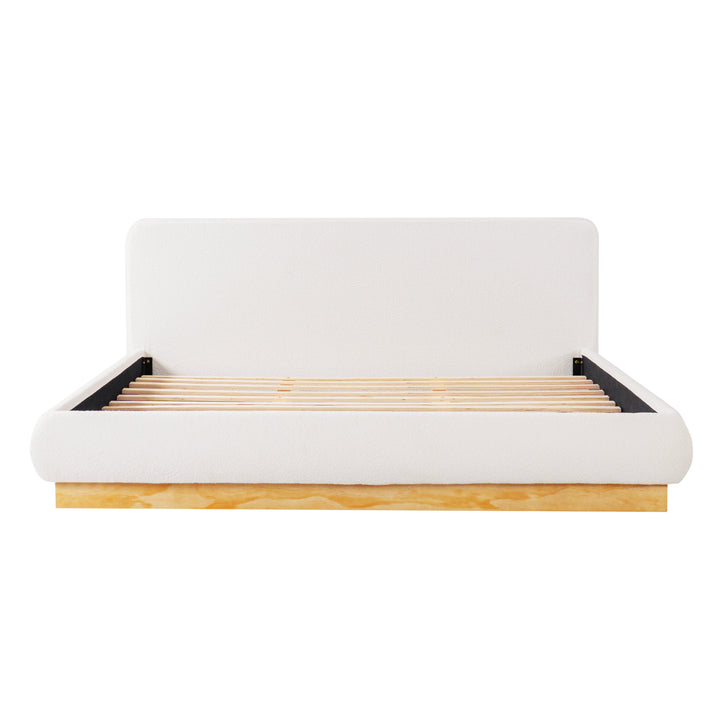 Boucle King Platform Bed with Rubberwood Base – White