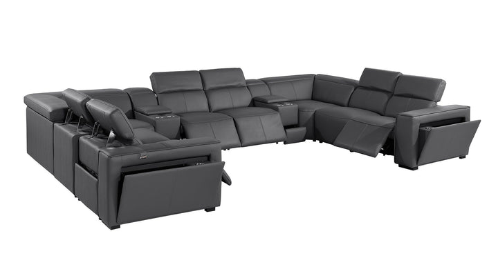 DivanItalia 1224 10-Piece U-Shaped Sectional Sofa in Top Grain Italian Leather with 4 Power Recliners &amp; Power Headrests - Dark Gray
