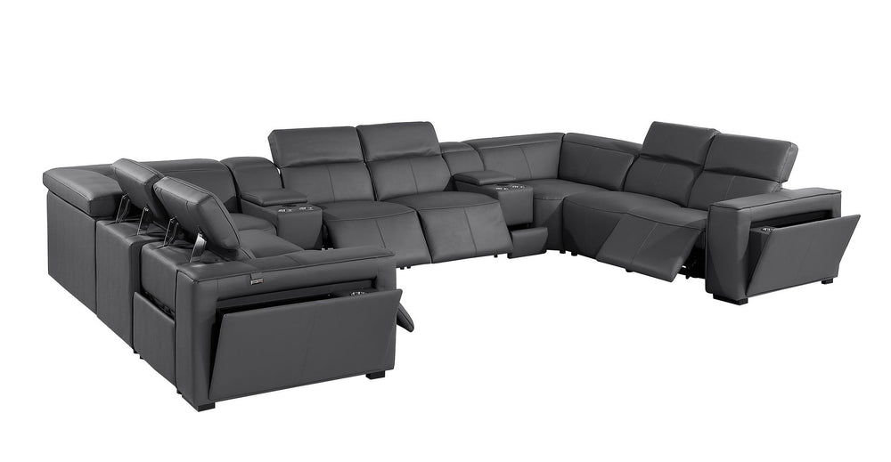 DivanItalia 1224 10-Piece U-Shaped Sectional Sofa in Top Grain Italian Leather with 4 Power Recliners & Power Headrests - Dark Gray