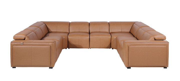 DivanItalia 1224 8-Piece U-Shaped Sectional Sofa in Top Grain Italian Leather with 4 Power Recliners &amp; Power Headrests – No Console - Cognac