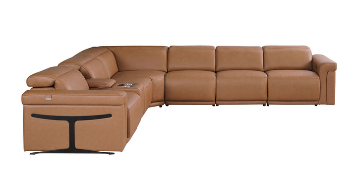 DivanItalia 1126 7-Piece L-Shaped Sectional Sofa in Top Grain Italian Leather with 3 Power Recliners &amp; Power Headrests - Cognac