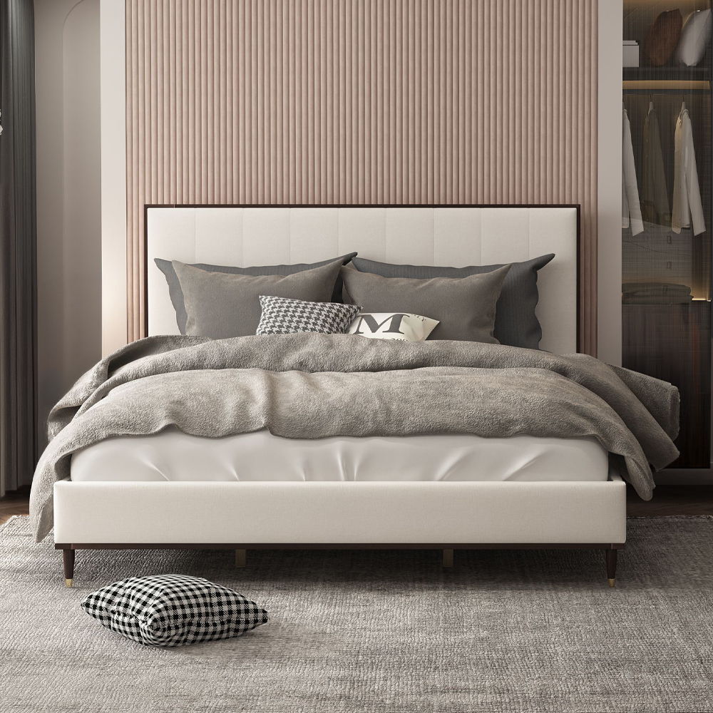Carena - Eastern King Bed - Light Gray Fabric & White & Brown