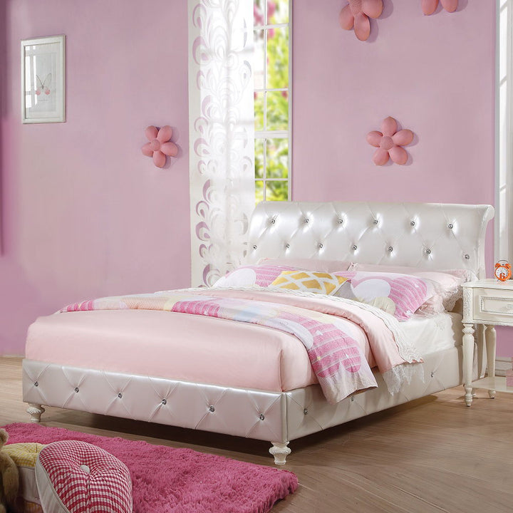 Dorothy - Full Bed - Pearl White Synthetic Leather & Ivory