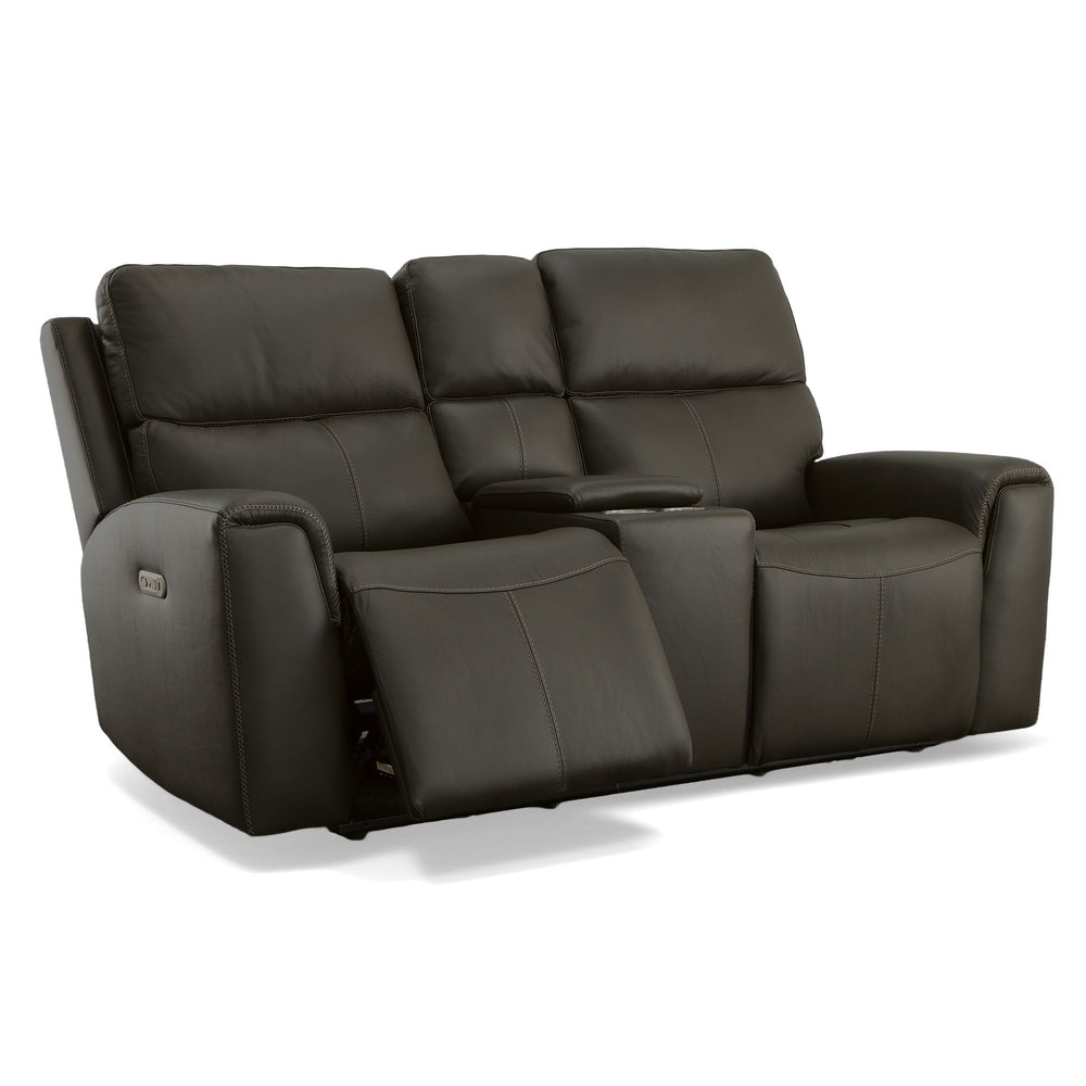 Jarvis Leather Power Reclining Loveseat with Console & Power Headrests in Mica