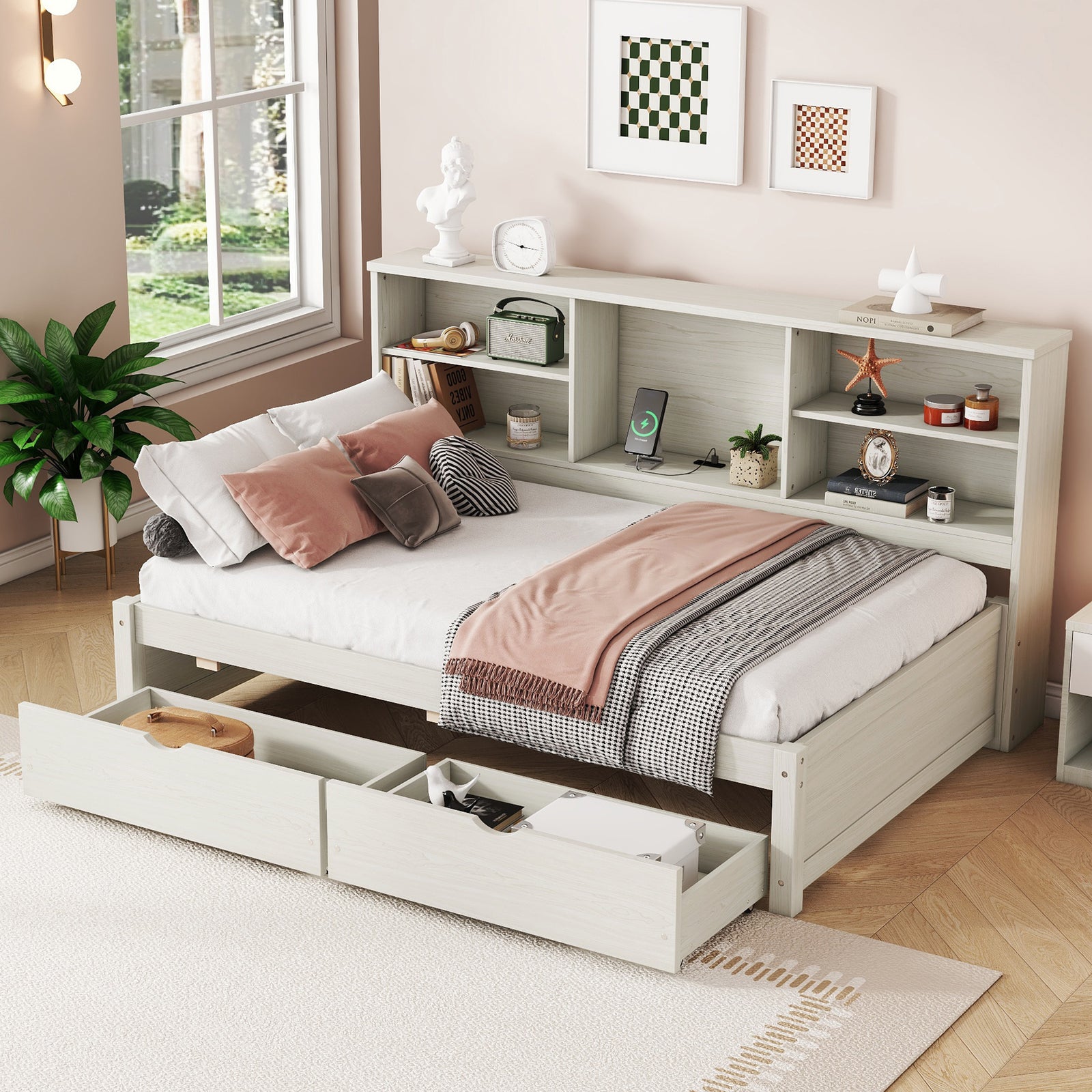 Twin Size Bed Frame With Side Bookshelves, Two Drawers, And Built-in USB Port, Creamy White Color