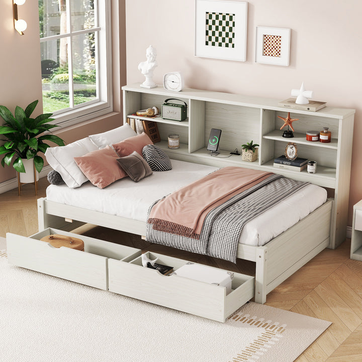 Twin Size Bed Frame With Side Bookshelves, Two Drawers, And Built-in USB Port, Creamy White Color