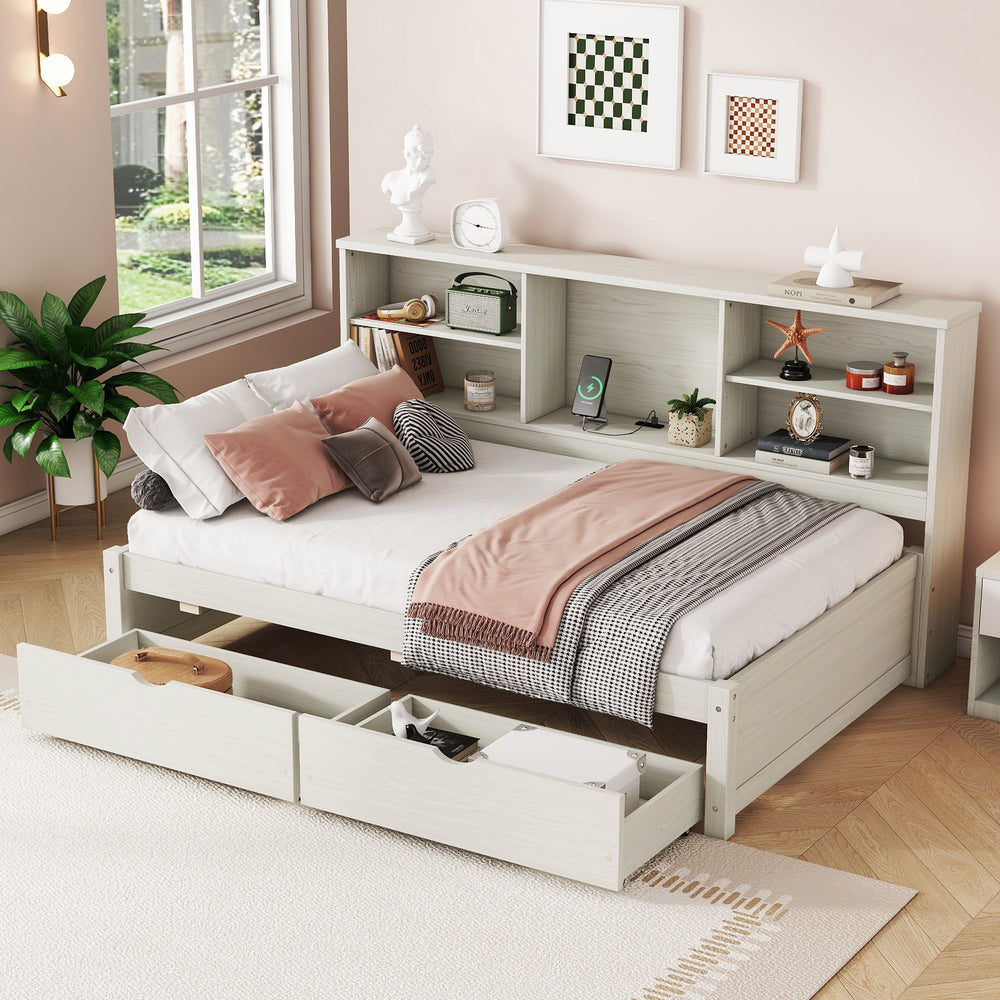 Twin Size Bed Frame With Side Bookshelves, Two Drawers, And Built-in USB Port, Creamy White Color