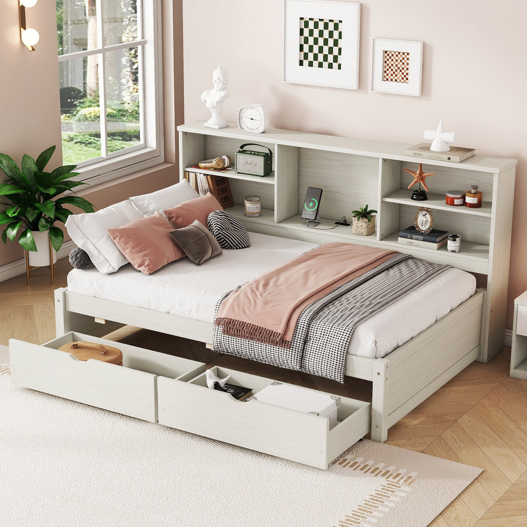 Twin Size Bed Frame With Side Bookshelves, Two Drawers, And Built-in USB Port, Creamy White Color