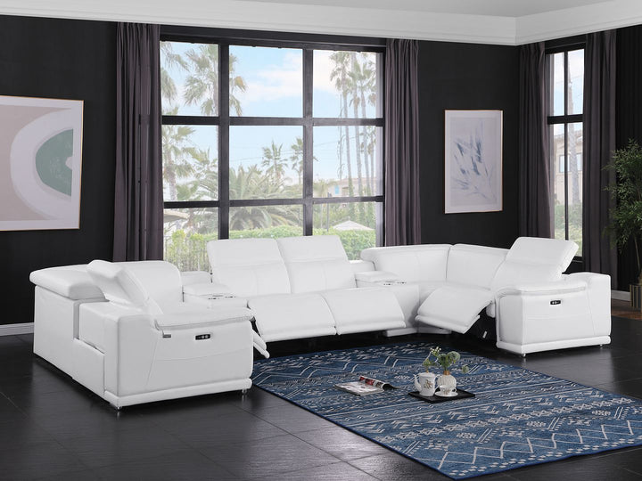 DivanItalia 9762 8-Piece U Shaped Top Grain Italian Leather Sectional Sofa with 4 Power Recliners – with Console - White