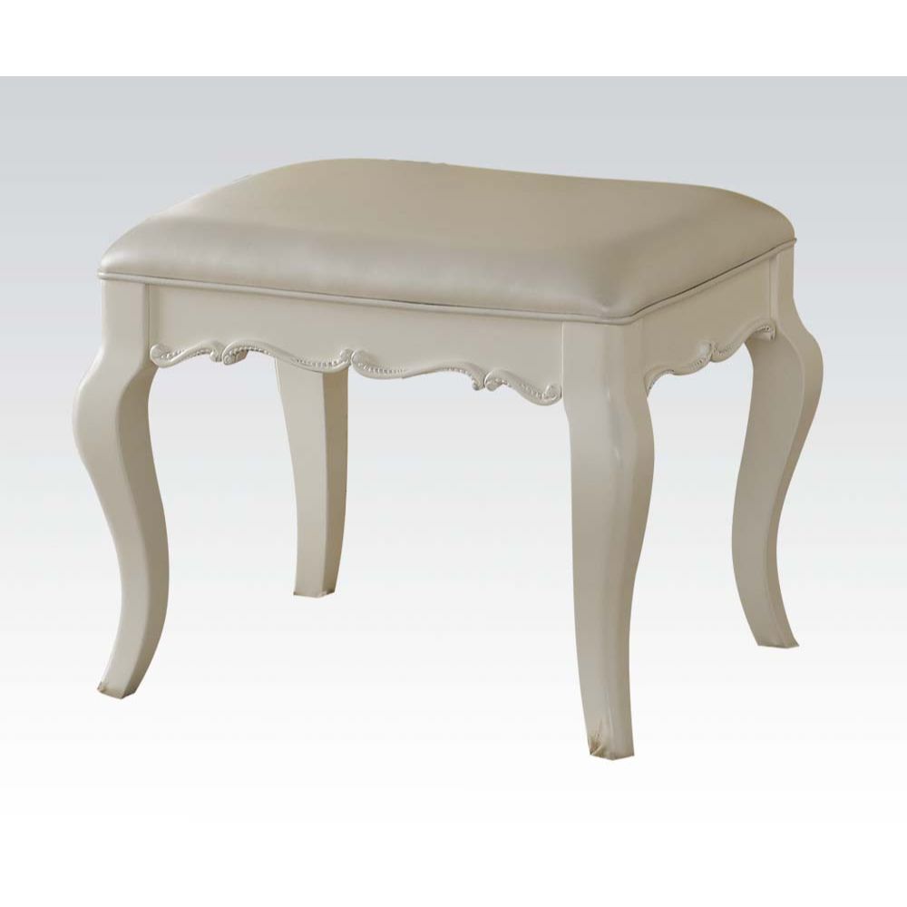 Edalene Vanity Stool in Pearl Synthetic Leather & Pearl White Finish