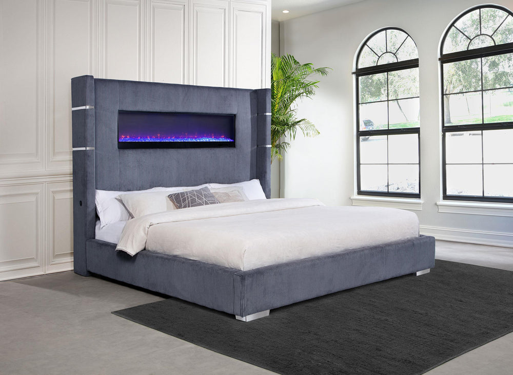 Coaster Furniture 306030KE Tisdall Upholstered Eastern King Flame Visualizer Bed Grey