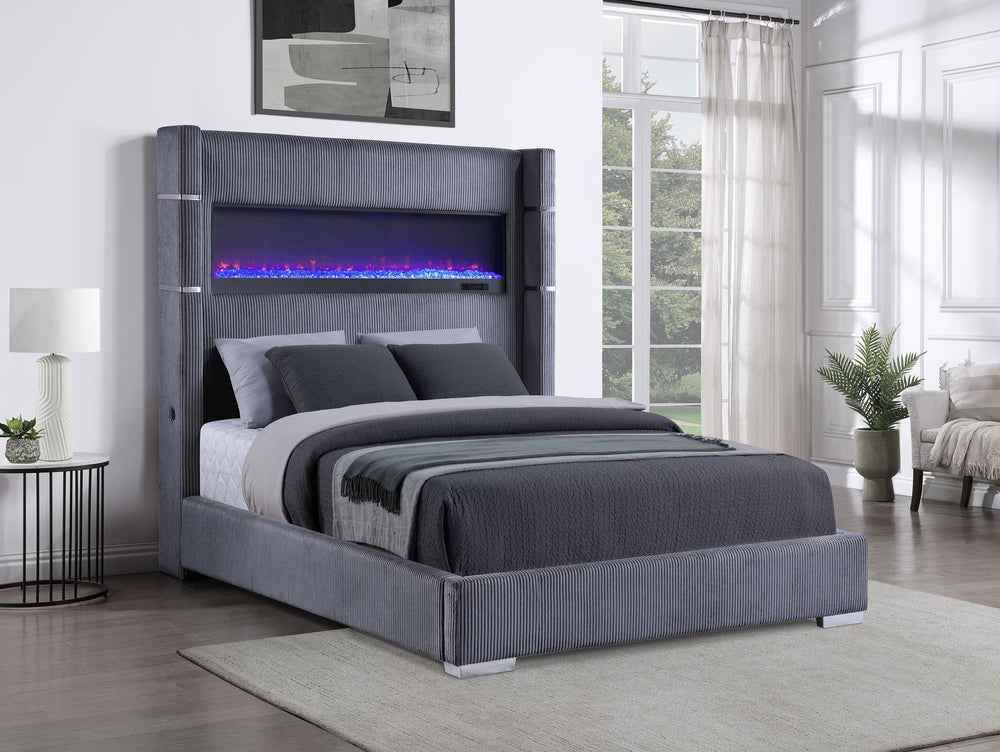 Coaster Furniture 306030Q Tisdall Upholstered Queen Flame Visualizer Bed Grey