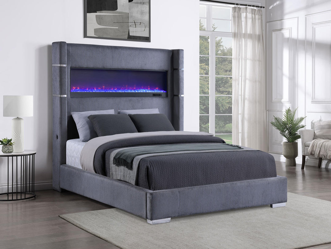 Coaster Furniture 306030Q Tisdall Upholstered Queen Flame Visualizer Bed Grey