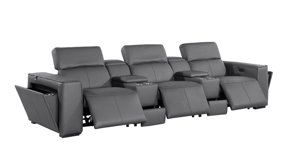 DivanItalia 1224 5-Piece Modular Power Reclining Sofa in Top Grain Italian Leather with 3 Power Recliners & Power Headrests - Dark Gray