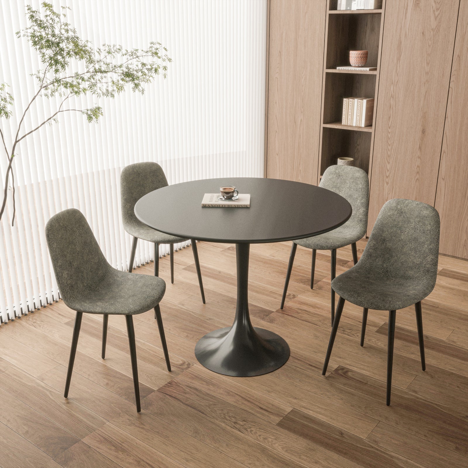 5-Piece Round Dining Table Set with Black Top and Suede Chairs