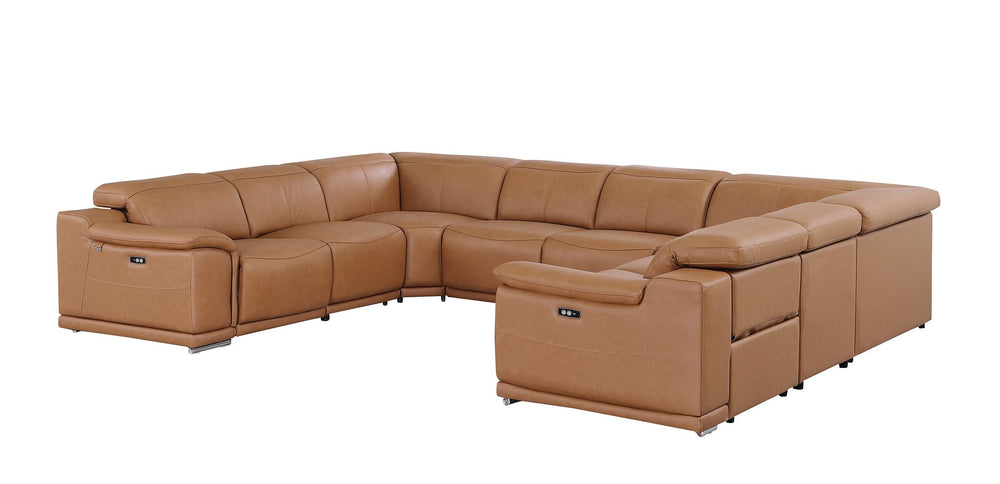 DivanItalia 9762 8-Piece U Shaped Top Grain Italian Leather Sectional Sofa with 4 Power Recliners – No Console - Cognac