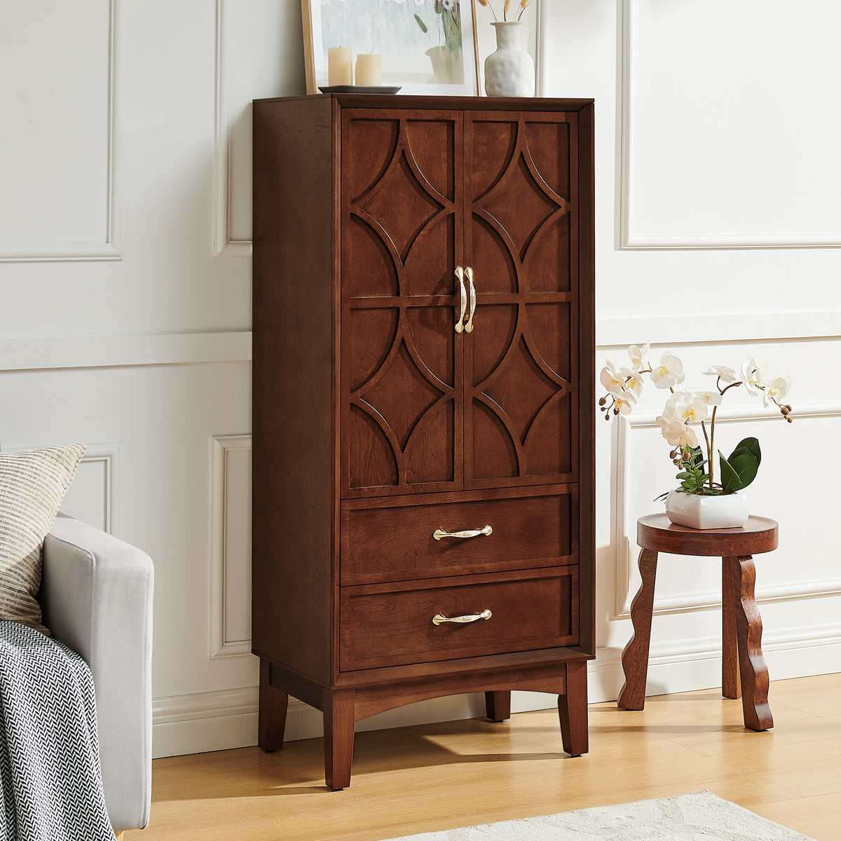 53.5-Inch Mid-Century Modern Kitchen Pantry Storage Cabinet in Walnut