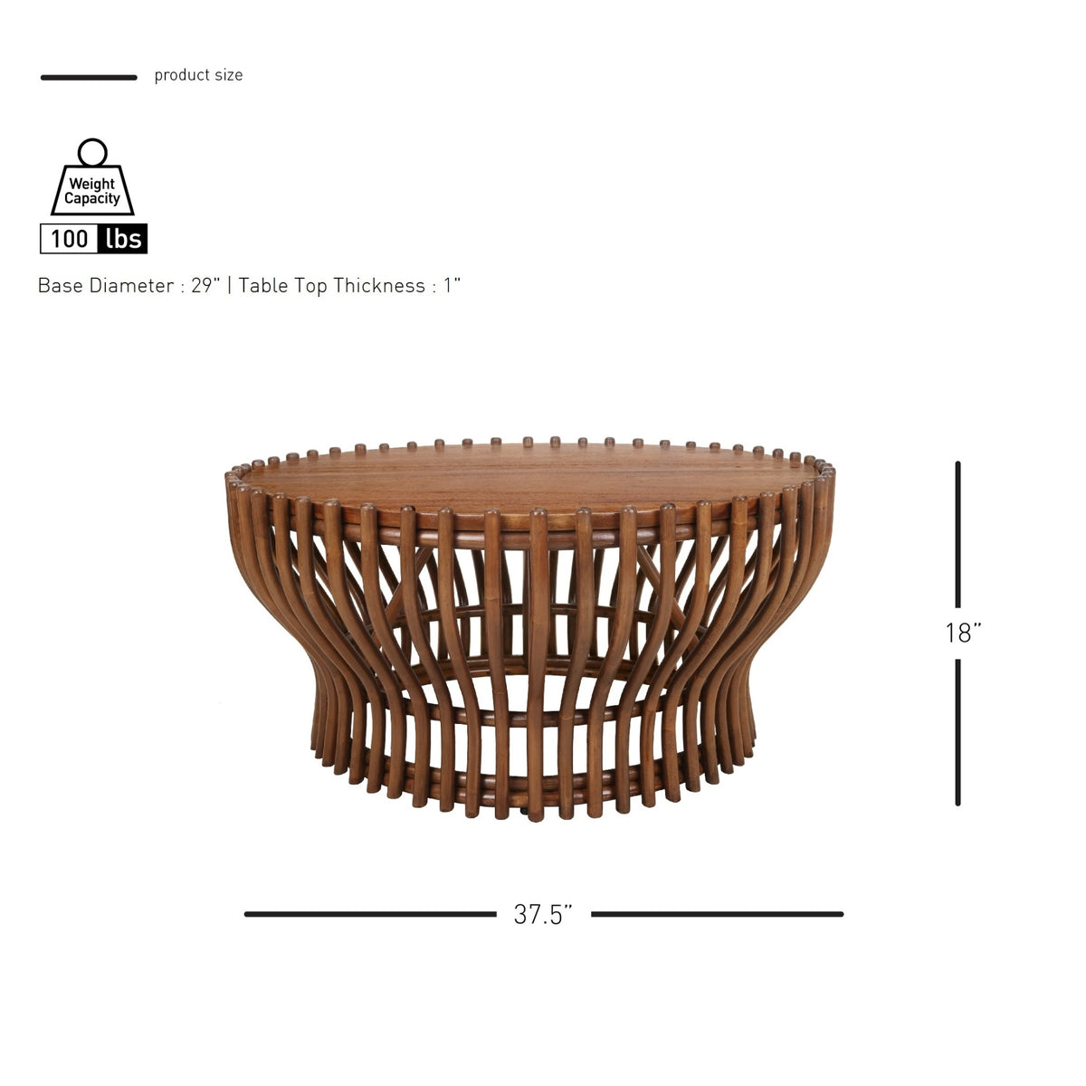Sona Rattan Coffee Table with Wood Top - Cane Brown - view 2