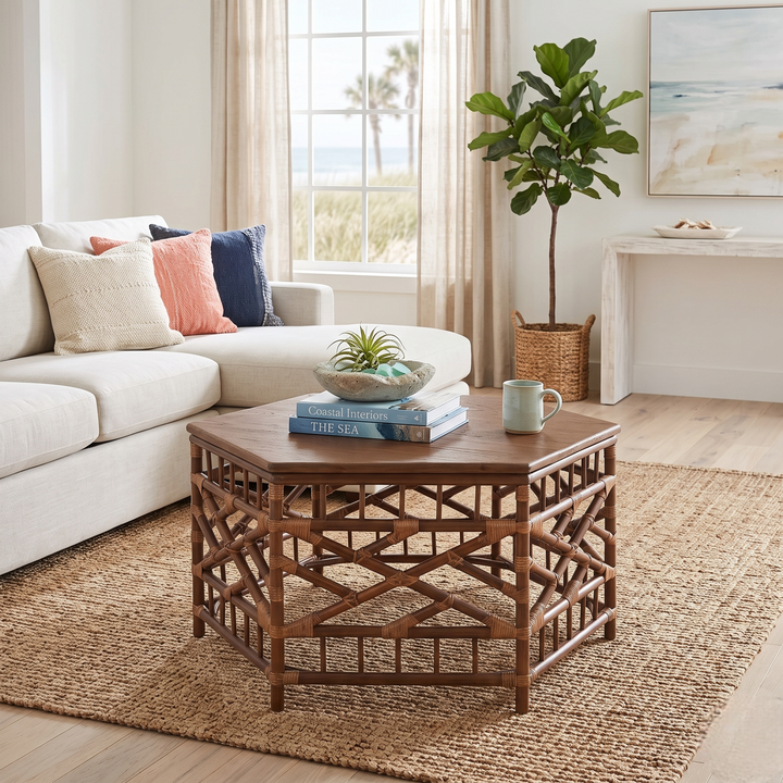 Kano Rattan Coffee Table with Wood Top - Cane Brown - view 3