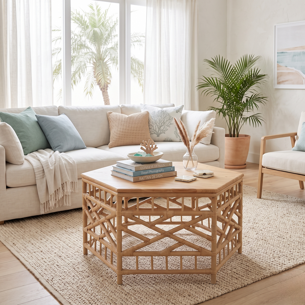 Kano Rattan Coffee Table with Wood Top - Natural Wheat - view 3