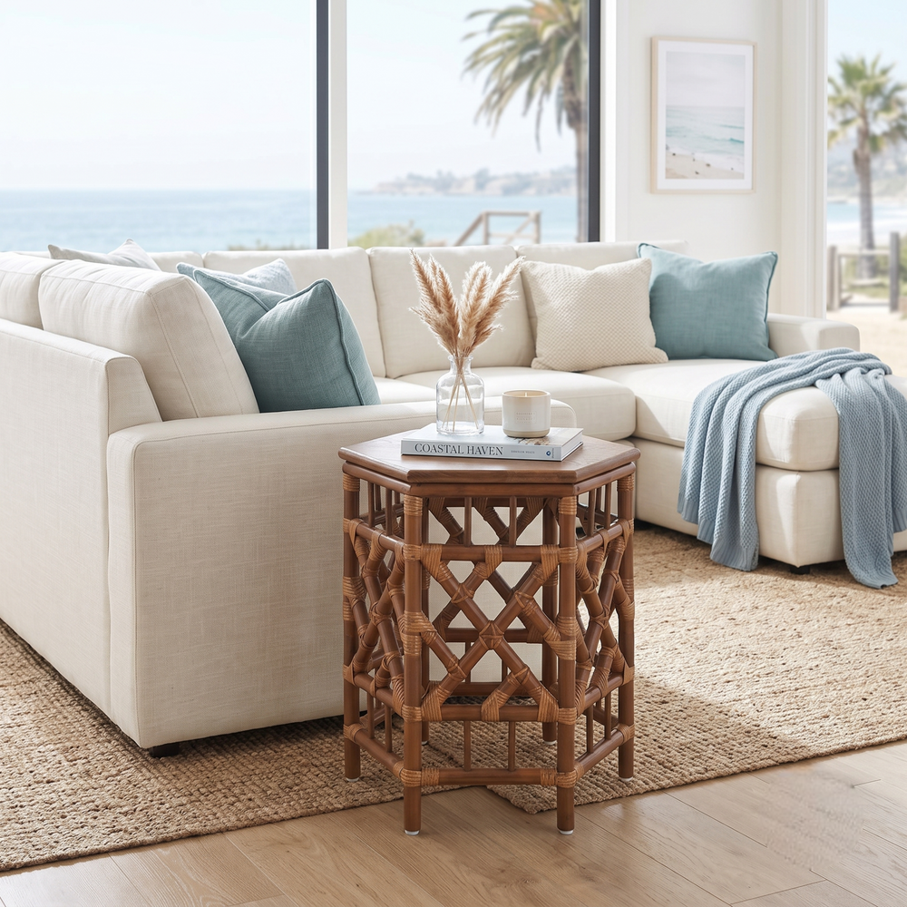 Kano Rattan Side/End Table with Wood Top - Cane Brown - view 3