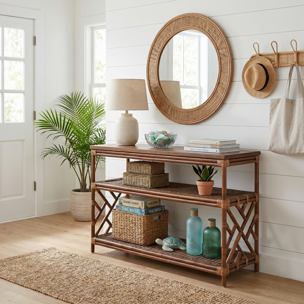 Sorea Rattan Console Table with Wood Top - Cane Brown - view 3