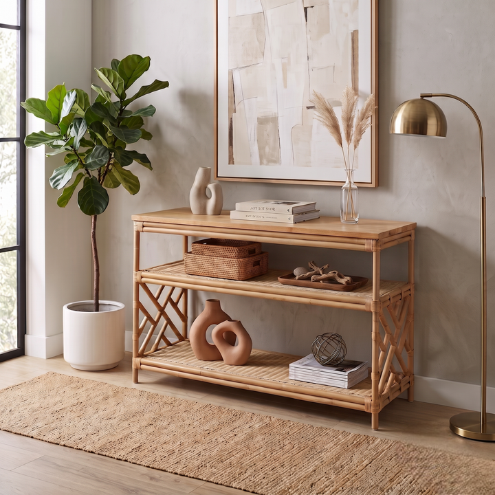 Sorea Rattan Console Table with Wood Top - Natural Wheat - view 3
