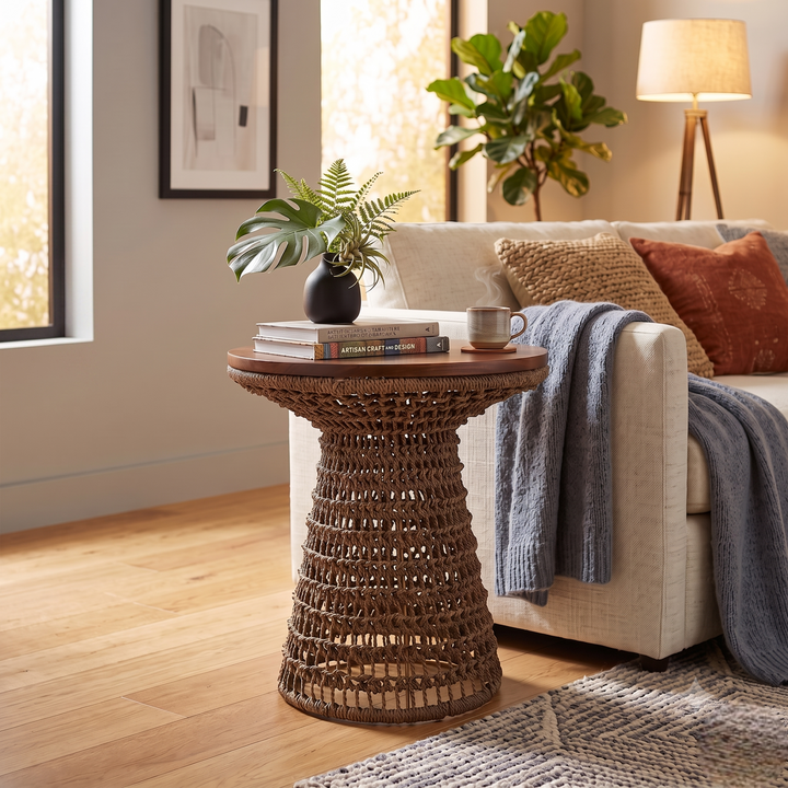 Calyx Seagrass Side/End Table with Brown Wood Top - Natural Straw - view 3