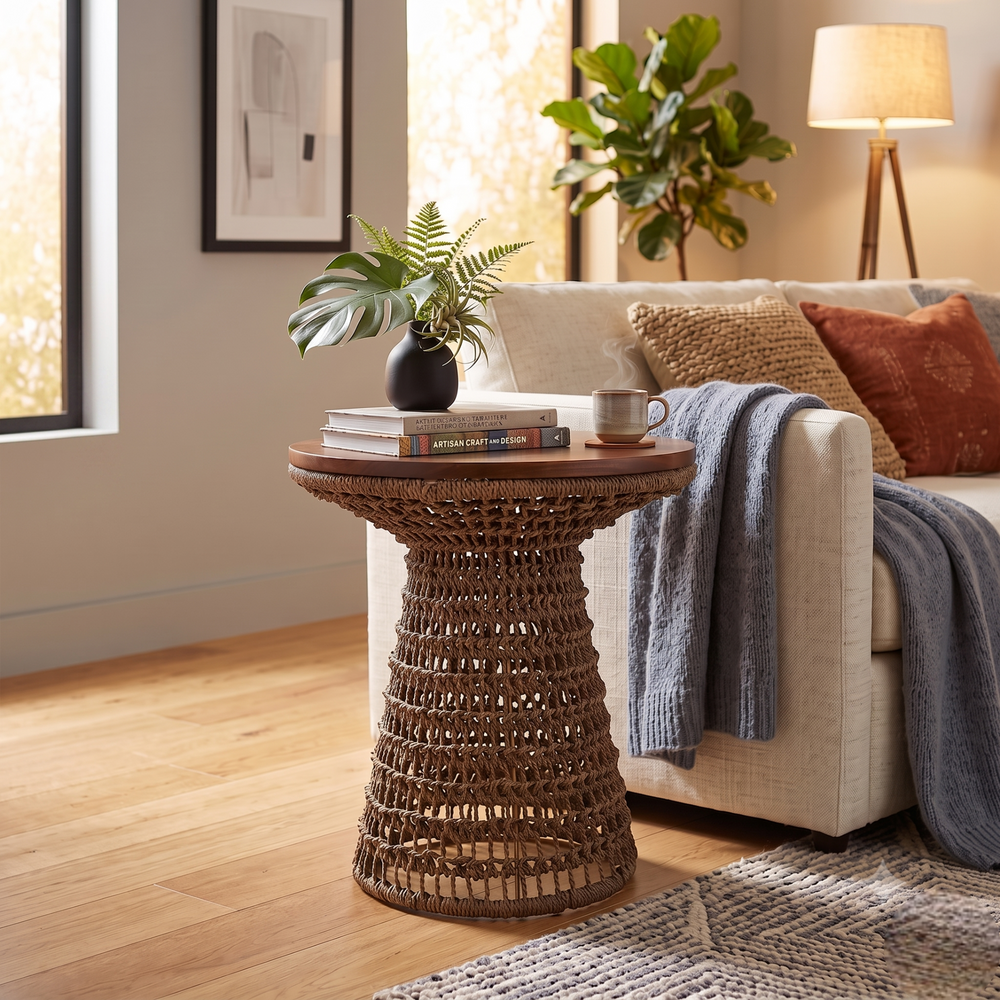 Calyx Seagrass Side/End Table with Brown Wood Top - Natural Straw - view 3