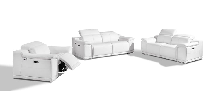 DivanItalia 9762 Top Grain Italian Leather Power Reclining Sofa, Loveseat and Chair Set with Adjustable Headrests - White
