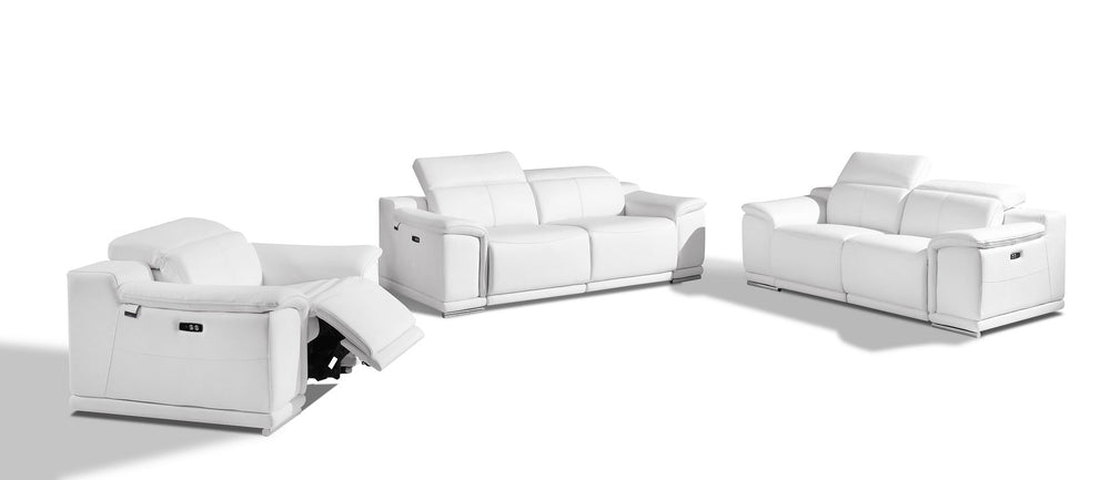 DivanItalia 9762 Top Grain Italian Leather Power Reclining Sofa, Loveseat and Chair Set with Adjustable Headrests - White