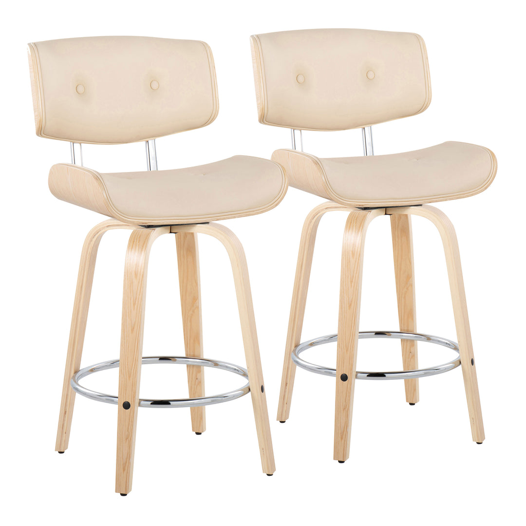 Lombardi 26' Mid-Century Modern Fixed-Height Counter Stool with Swivel in Natural Wood and Cream Faux Leather with Round Chrome Metal Footrest by LumiSource - Set of 2