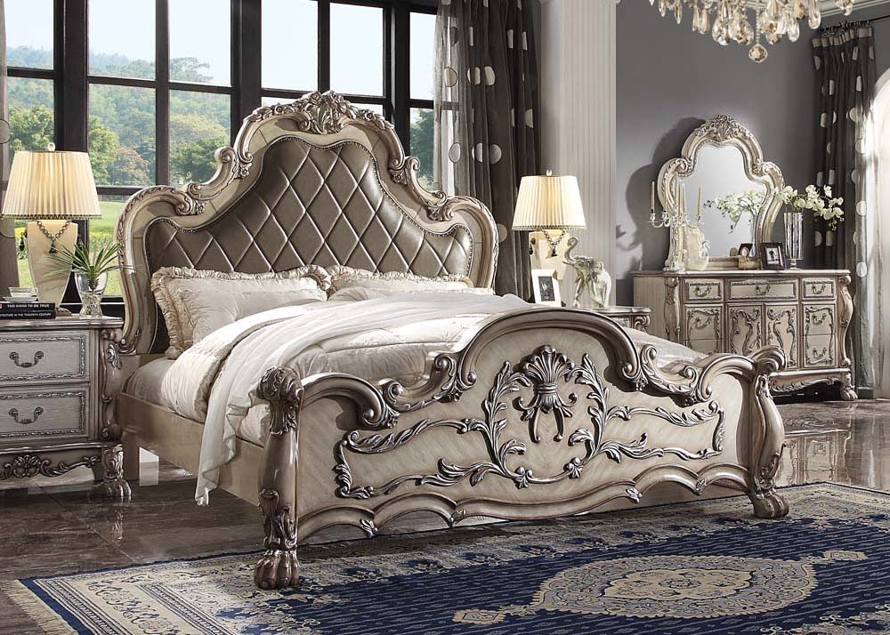 Dresden - 76" Eastern King Bed - Synthetic Leather & Vintage Bone White