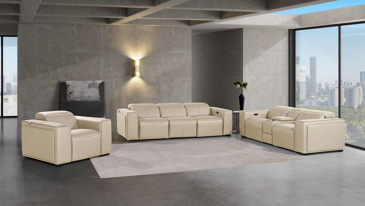 DivanItalia 1224 7-Piece Modular Power Reclining Sofa, Loveseat & Chair Set in Top Grain Italian Leather with 6 Power Recliners & Power Headrests - Beige